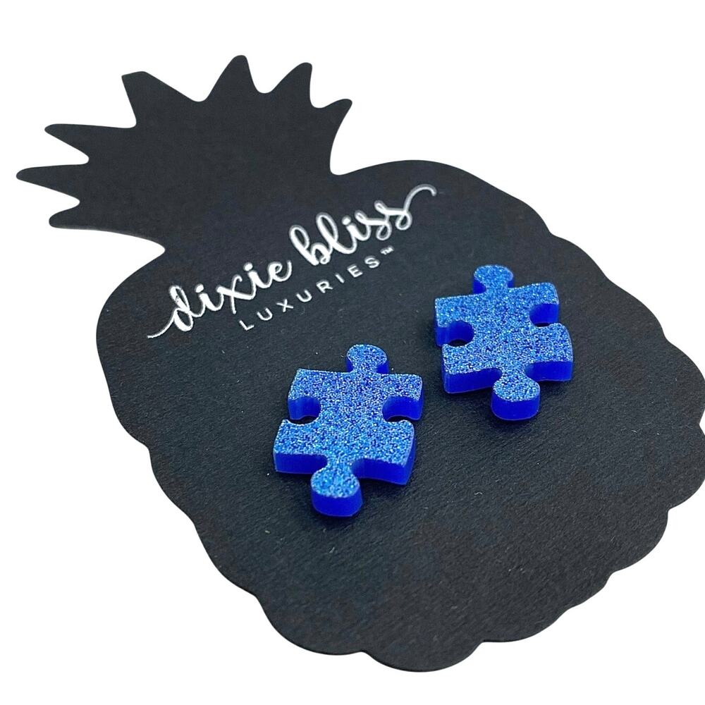 Dixie Bliss Autism Awareness Puzzle Piece Glitter Earrings Blue Hypoallergenic